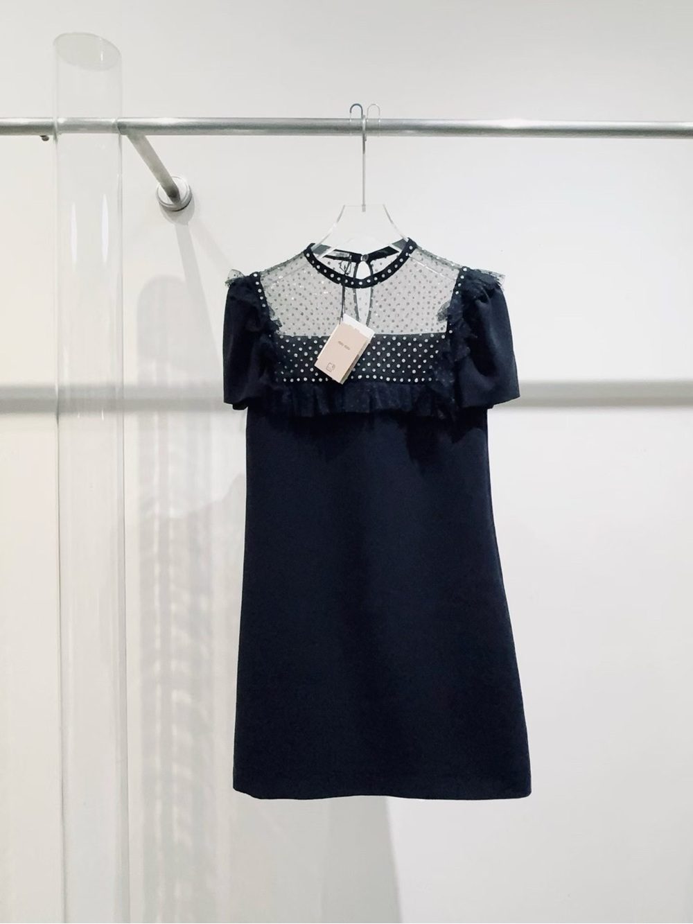 Miu Miu Black Polka Dot Mesh Yoke Mini Dress